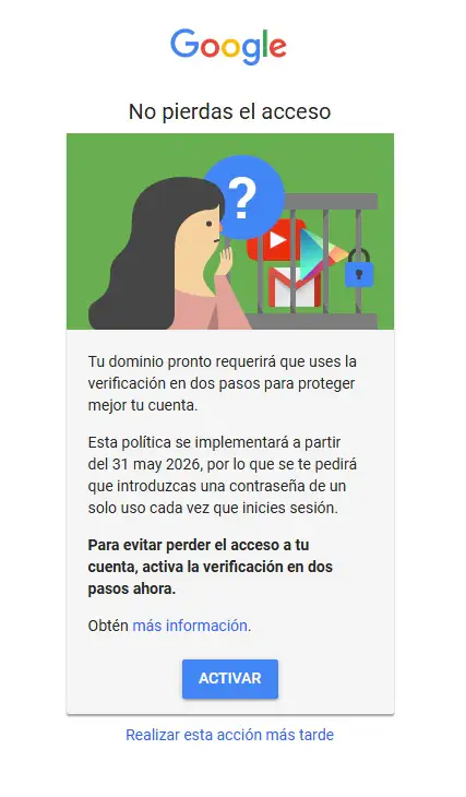 Mensaje de activación 2FA Google
